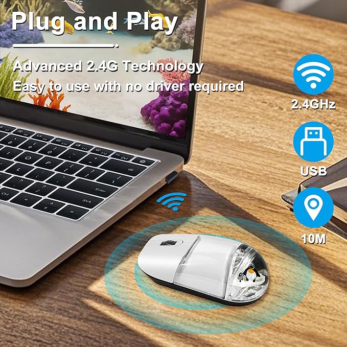 Wireless Mouse with Liquid Water Section &amp Floater Animal Portable Retro Silent Cute Aqua Mouse with USB Receiver Lightweight 1000DPI Optical Clear Water Mice for Laptop PC Computer (White Pengui