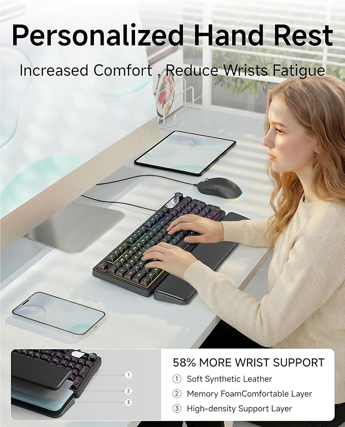 C98 Gaming Keyboard and Mouse Wired PC Gaming Keyboards with Multimedia Knob Wrist Palm&amp 3200 DPI RGB Backlit Computer Keyboard Quiet Membrane Gaming Keyboard for Windows/MAC/Laptop (Black)