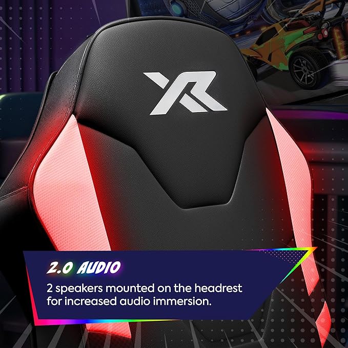 X Rocker Shadow RGB 2.0 Floor Rocker Audio Console Gaming Chair - Neo Motion™ Sync App Controlled LED Lights Headrest Speakers Folding Rocking Base Wipe-Clean Faux Leather for Kids &amp Teens - B