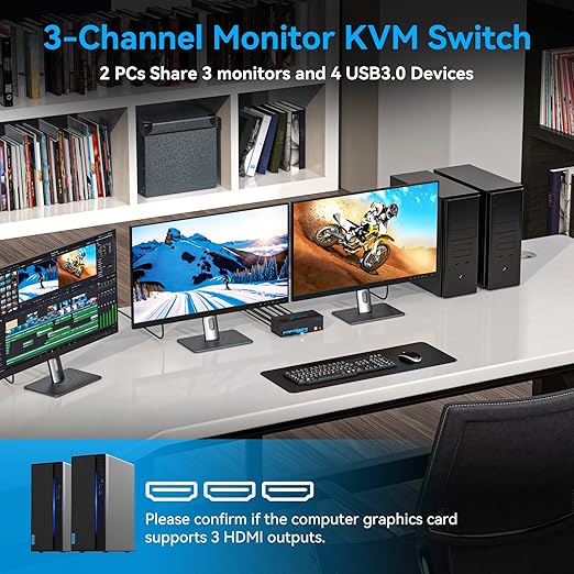 8K@60Hz HDMI KVM Switch 3 Monitors 2 Computers 4K@120Hz USB 3.0 KVM Switches for 2 PC Share Triple Monitor and 4 USB Ports Supports Extended&ampCopy Mode.Wired Controller DC 12V/1A Adapter Included