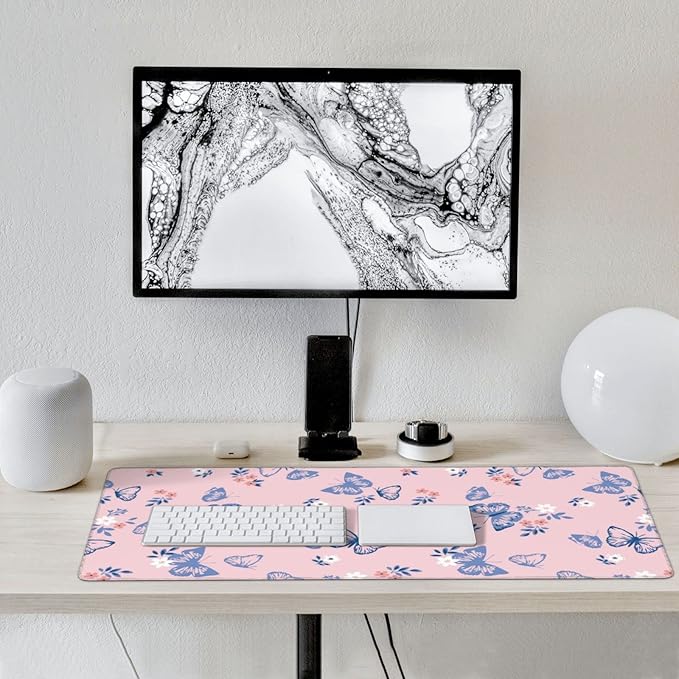 Pink Butterfly Large Mouse Pad Gaming Mousepad with Wrist Support Rubber Computer Keyboard Mat for Desk Laptop Non-Slip Full Deskmat Protector Waterproof Writing Pad Office Home 16x35.5 in