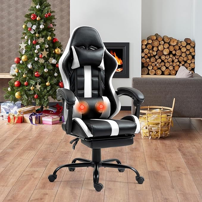 Massage Gaming Chair with Footrest Ergonomic PU Leather Computer Chair w/Headrest and Lumbar Height Adjustable 360° Swivel Desk Office Chair White