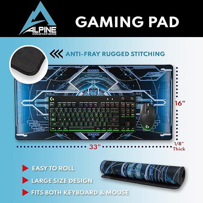 Alpine Innovations Surface Mat with Stitched Edges | Giant Mouse Pad 16” x 33” | Durable Non-Slip Rubber Base | Computer Keyboard Pad for Desktops | HUD
