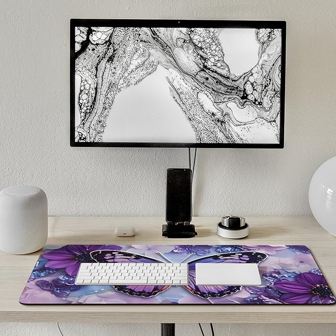 Purple Butterfly Floral Mouse Pad Large Desk Mat Extended Keyboard Mouse Pad with Non-Slip Base and Stitched Edge Mouse Mat Desk Pad 36x16 Mouse Pads for Desk Home Office Gaming