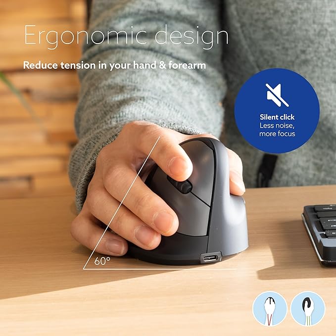 R-Go HE Vertical Ergonomic Mouse Wireless Bluetooth 5.0 for Large Hand with Break Software Prevents Tennis Elbow/Mouse Arm RSI Silent Click 5 Buttons - Compatible Windows/MacOS Black