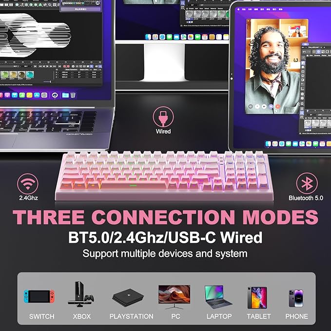 CC MALL X98 Ultra Wireless Mechanical KeyboardHot Swappable Custom Keyboard with Number PadLinear SwitchesTri-Mode BT5.0/2.4GHz/USB-CRGB Backlit Pink Gaming Keyboards for Win/Mac/PC