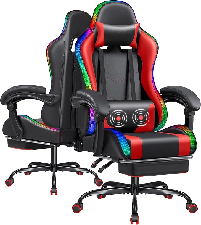 Furmax Gaming Chair with RGB LED Lights Video Game Chair with Footrest and Massage Lumbar Support High Back Reclining Computer Chair with Headrest Swivel Seat Gamer Chair (LED Red)