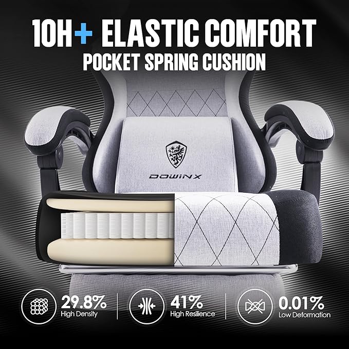 Dowinx Fabric Gaming Chair Ergonomic Computer Chair with Footrest and Pocket Spring Cushion Height Adjustable Video Gamer Chair with Lumbar Support for Adults White Grey