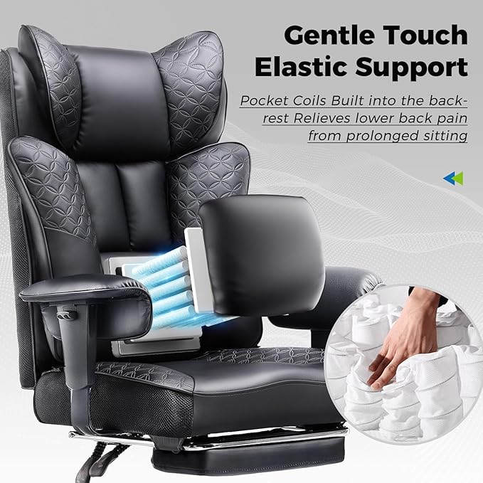 GTPLAYER Big and Tall Office Chair 400LBS Wide Ergonomic Gaming Chair with Deluxe Embossing Designed Leather with Foot Rest150°Reclining Adjustable Soft Armrests Pocket Spring Back Support and Pillow