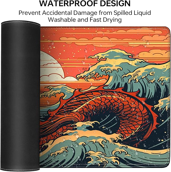 Wave Sea Dragon Gaming Mouse PadAnime Mouse Pad Gaming 31.5 x 15.7 in Mouse Mat Desk PadExtended Keyboard Pad Large Desk Mat Mousepad with Non-Slip Base and Stitched Edge for Office Home