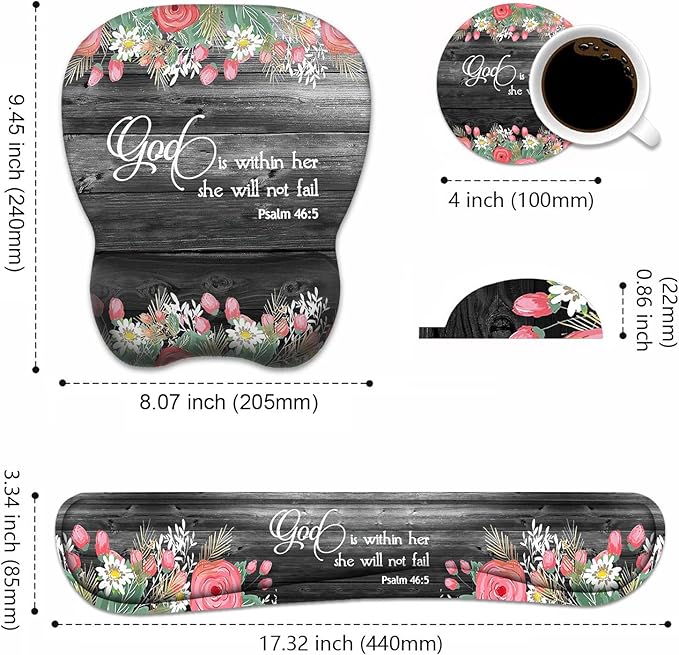 Ergonomic Mouse Pad Wrist Support and Keyboard Wrist Rest Set with Coasters Non-Slip PU Base Easy Typing &amp Pain Relief for Computer Laptop Home Office Floral Quote Bible Verse Psalm 46:5