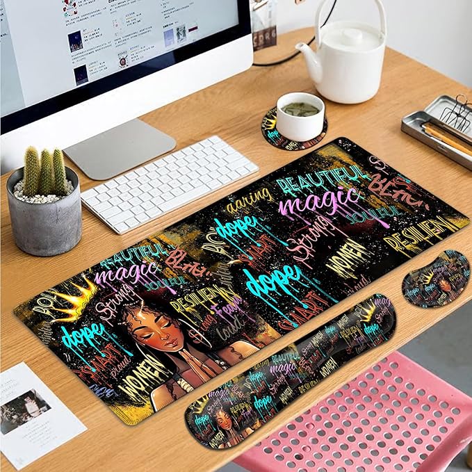 Large Gaming Mouse Pad+ Keyboard Wrist Rest Set Ergonomics Memory Foam Mouse Mat Wrist Rest Support Waterproof Extended Mousepad 31.5x11.8in African American Black Women Graffiti Girl Desk Pad