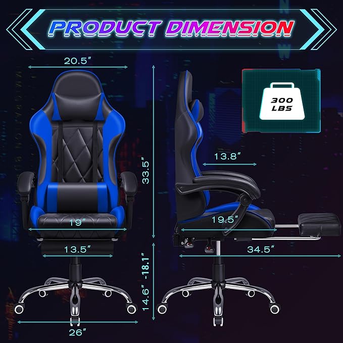Shahoo Gaming Chair with Footrest and Massage Lumbar Support Ergonomic Computer Seat Height Adjustable with 360°Swivel and Headrest Blue