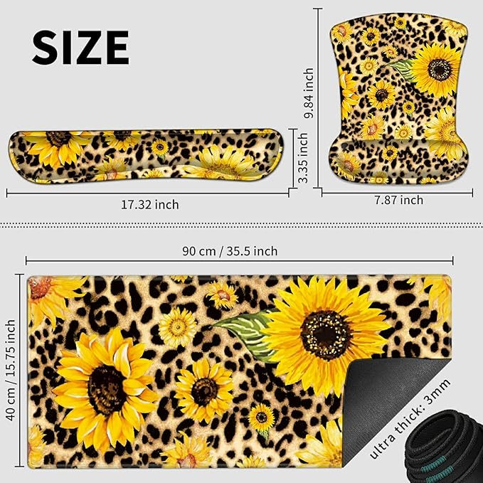 3 in 1 Full Desk Mouse Pad and Keyboard Wrist Rest Set Extended Gaming Mouse Pad + Ergonomic Keyboard and Mouse Mat with Soft Memory Foam Wrist Support for Office Home Sunflowers with Leopard Print