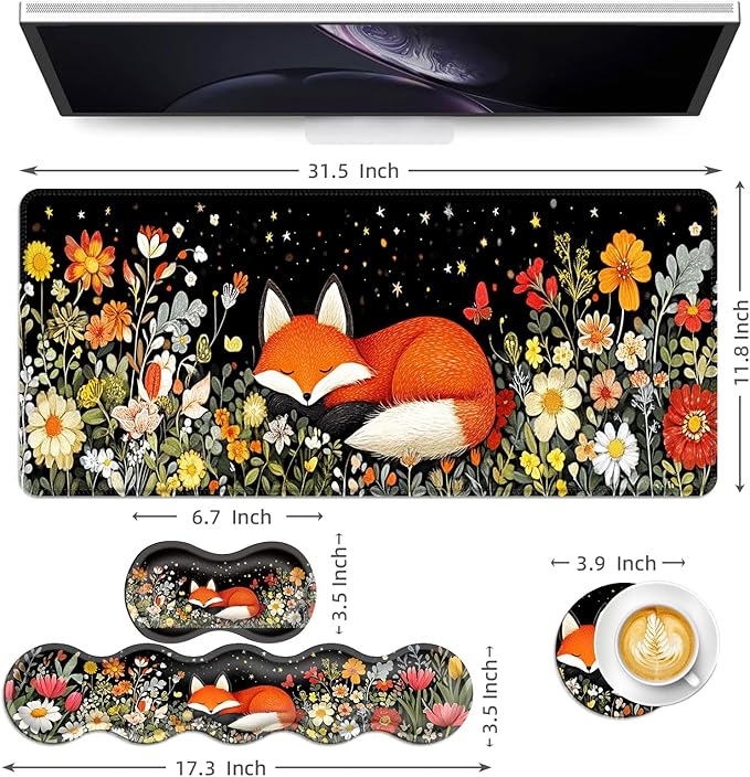 Keyboard Mouse Pad Set Extended Gaming Mouse Pad+Ergonomics Keyboard Wrist Rest Support Memory Foam Easy Typing Pain Relief 4Pcs XL Ultra Thick Desk MatSleeping Fox in Starry Night