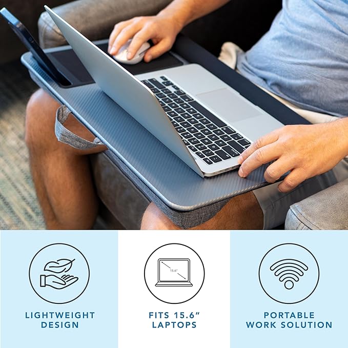 LAPGEAR Home Office Pro Lap Desk with Wrist Rest Mouse Pad and Phone Holder - Silver Carbon - Fits up to 15.6 Inch Laptops - Style No. 91615