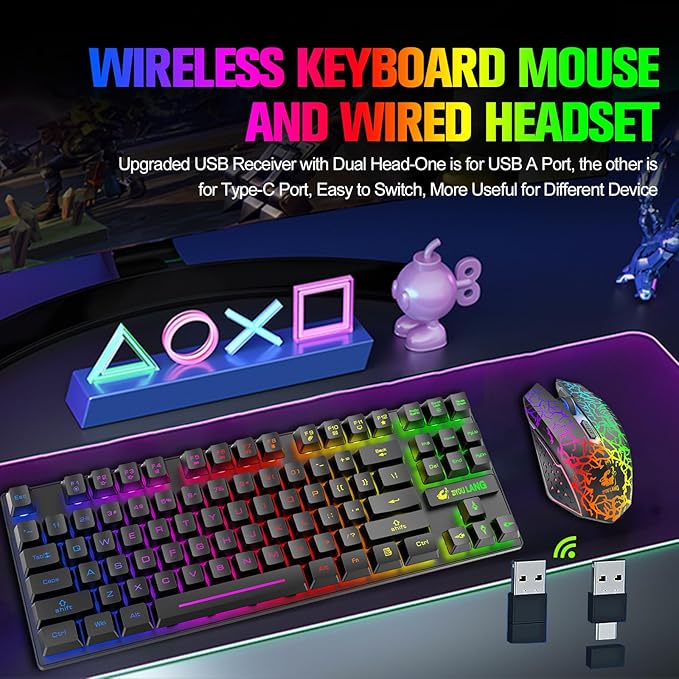 Wireless Gaming Keyboard and Mouse Combo with 87 Key Tenkeyless Rainbow LED Backlight Rechargeable 3800mAh Battery Anti-ghosting Ergonomic Waterproof RGB Mute Mice for Computer PC Gamer (Black)
