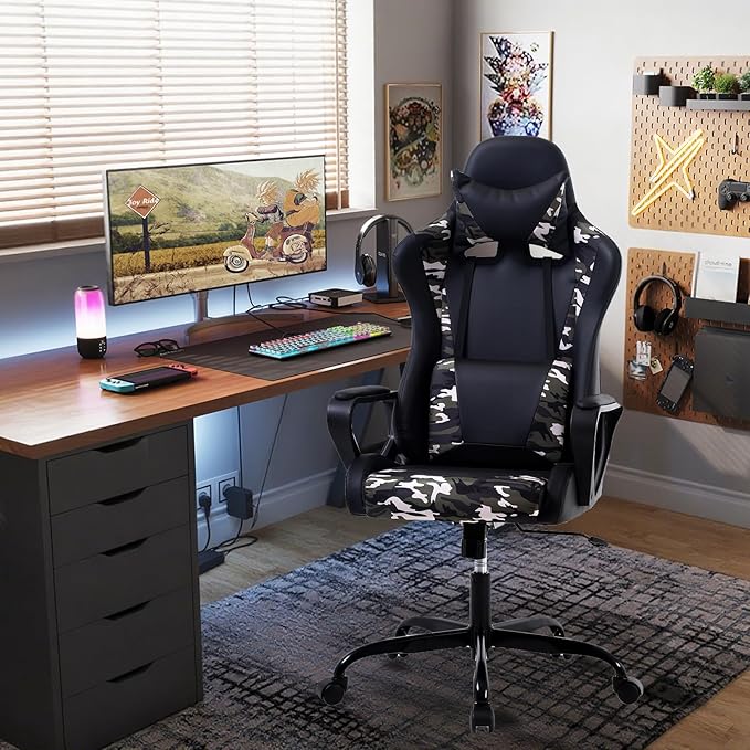 Ergonomic PU Leather Computer ChairHome Office Desk Chair with Adjustable Lumbar SupportExecutive High Back 360°Swivel Rolling Gaming Chairs for Adults(CAMO)