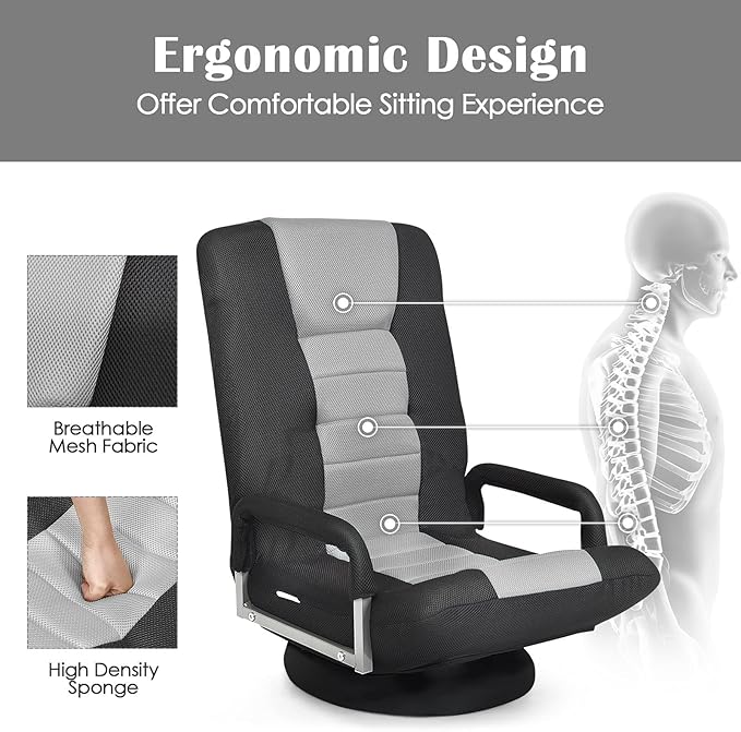 ERGOMASTER 360 Degree Swivel Video Gaming Floor Chair w/Armrests Adjustable 6-Position Folding Floor Chair Padded Backrest for Game Reading (Grey/Black)