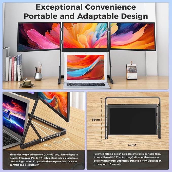 15.6 Triple Laptop Screen Extender 3× FHD 1080P IPS Portable Foldable Triple Monitor USB-C (DP Alt Mode) &amp HDMI Plug n Play Fits 13–17 Laptops Windows/Mac/Android