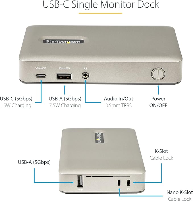 StarTech.com USB C Dock - USB-C to DisplayPort 4K 30Hz or VGA - 65W USB Power Delivery Charging - 4-Port USB 3.1 Gen 1 Hub - Universal USB-C Laptop Docking Station with Ethernet TAA (DKM30CHDPD)