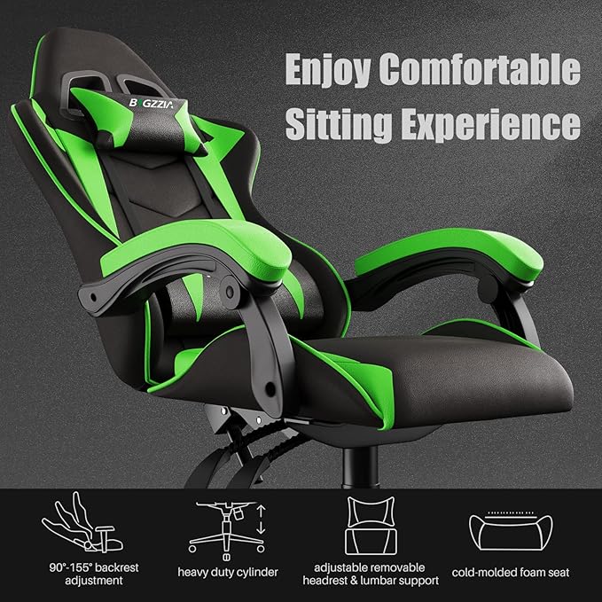Gaming Chair High Back Ergonomic Computer Gamer Chair with Headrest and Lumbar Support Racing Style Reclining Game Chair for Adults Kids (Green-Black)