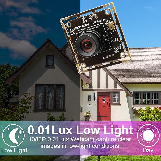 1080P USB Camera Module 30fps Video Camera Wide Angle Webcam No Distortion H.264 Low Light with Microphone for Windows Android Linux Mac PC Laptop