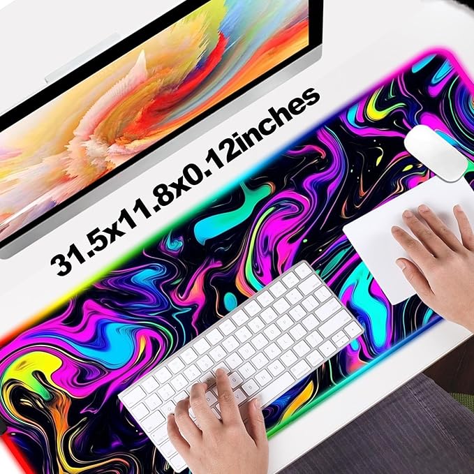 RGB Abstract Colorful Marble Swirl Fluid Gaming Desk Mat Computer Keyboard Large Extended Long LED Mouse Pad for Office and Home XL (W22)