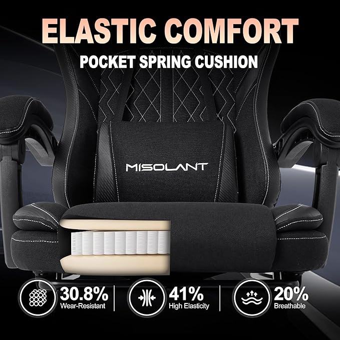 Misolant Gaming Chair Fabric Gamer Chair with footrest for Adults High Back Ergonomic Computer Game Chair with Adjustable Headrest and Massage Lumbar Support 90-155° Recline FreeBlack
