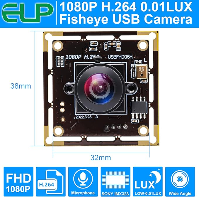 ELP Sony IMX323 Sensor Mini Wide Angle USB Camera Module with Microphone 180degree Fisheye Lens HD 1080P 0.01Lux Low Light Video Audio PC Camera UVC H.264 USB2.0 Embedded Webcam Board for Computer
