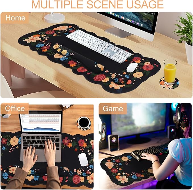 Petmolico Ergonomic Wrist Pad Set 4 in 1 with Computer Keyboard Desk Gaming PadMouse Pad with Wrist RestTyping Wrist Support and Cup CoastersNon-Slip PU Base [BlackFloral Hoop]