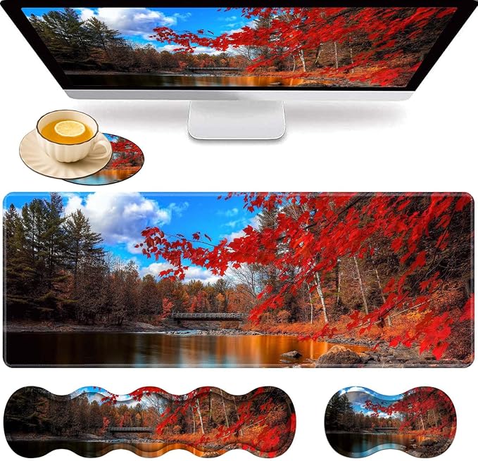Gaming Mouse Pad Set Large Gaming Mouse Pad+Keyboard Wrist Rest+Mouse Wrist Rest+Coaster Easy Typing Pain Relief 31.5 × 11.8 inch Desk Mat for Home Office Red Maple Lake