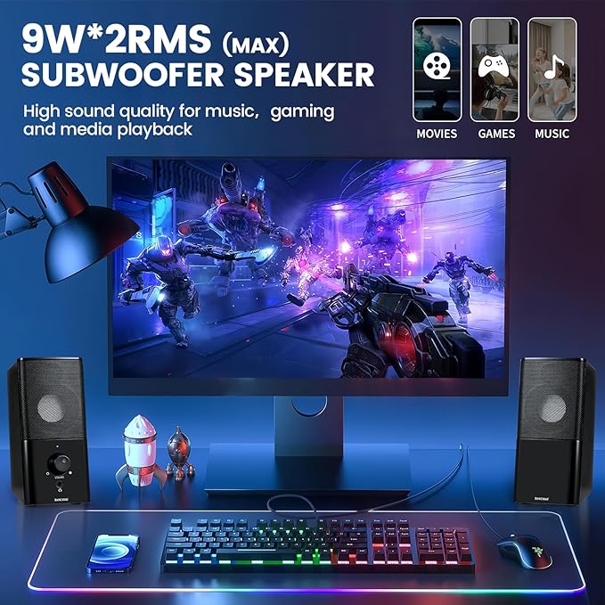 H21 Classic Computer Speakers for Desktop PC Full Stereo Sound USB-Powered Gaming Speaker with 3.5mm Aux Multimedia for Laptop/Desktop/Tablets/Phone(Black