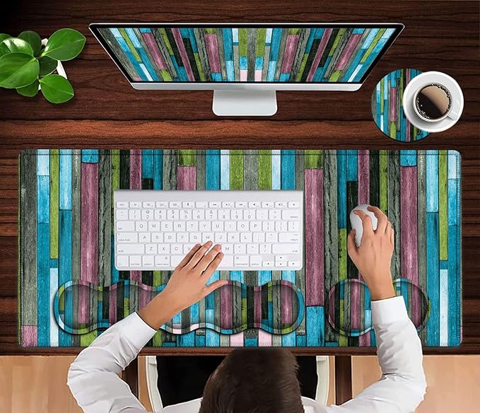 Gaming Mouse Pad Ergonomic Memory Foam Keyboard Wrist Rest Support &amp Non-Slip Mouse Wrist Rest for Laptop Desk Writing Pad Aqua Green Wooden Print Office Desk Mat Extended Large Mouse Pad