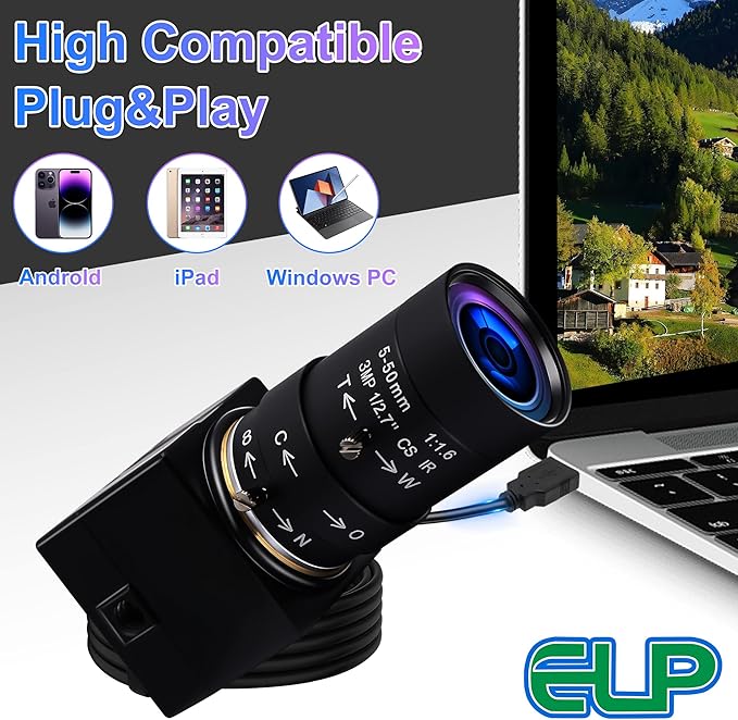 8MP USB Camera Manual Zoom 5-50mm Lens Webcam Variable Focus PC Camera Mini UVC USB2.0 USB with Camera for Computer IMX179 Close-up Camera Varifocal Web Camera with Zoom for Raspberry Pi Laptop