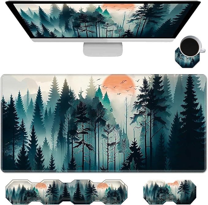 Keyboard Wrist Rest &amp Desk Mat 35.4 x 15.7 inch &amp Mouse Wrist Rest &amp Coasters 4 Pcs Gaming Mouse Pad with Wrist Rest Set with Memory Foam Ergonomic Easy Typing Pain Relief - Forest Tree