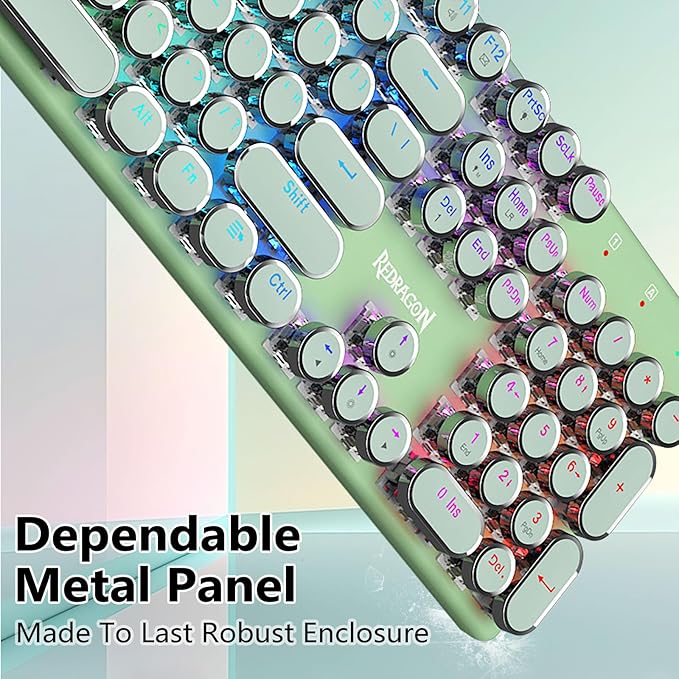 Redragon K710 Wireless Typewriter Mechanical Gaming Keyboard Bluetooth/2.4Ghz/Wired RGB Led Backlit Blue Switch - Clicky Rechargeable Solid Metal Panel Round Keycaps Green