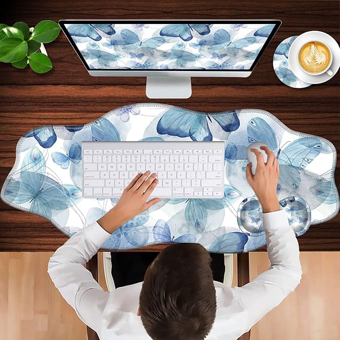 Mouse Pad with Wrist Support + Desk Mat + Coaster 3 in 1 Set XXL Large Gaming Mousepad Ergonomic Mouse Pads for Desk Computer Laptop OfficeBlue Butterfly