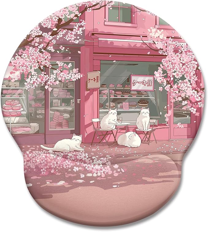Cat Ergonomic Mouse Pad with Wrist Rest Pink Cherry Blossom Computer Mouse Pad Wrist Support with Non-Slip Pain Relief PU Base Cute Office Desk Decor Accessories Japanese Dessert House