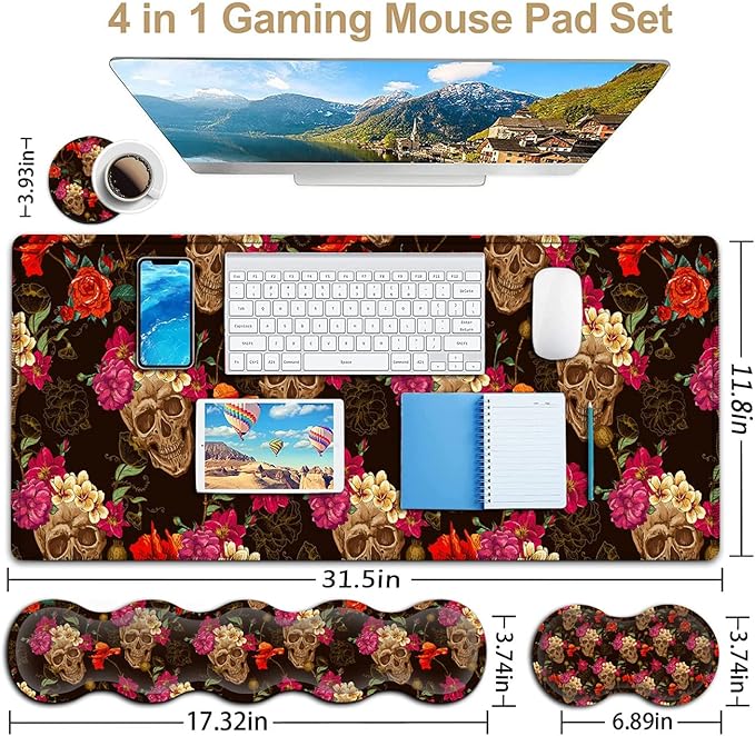 Black Mouse PadKeyboard Mouse Pad SetExtended Gaming Mouse Pad + Memory Foam Keyboard Wrist Rest Support Rose Flower Skull Office Desk Mat Writing Pad Easy Typing XXL Large Mousepad Desk Mat