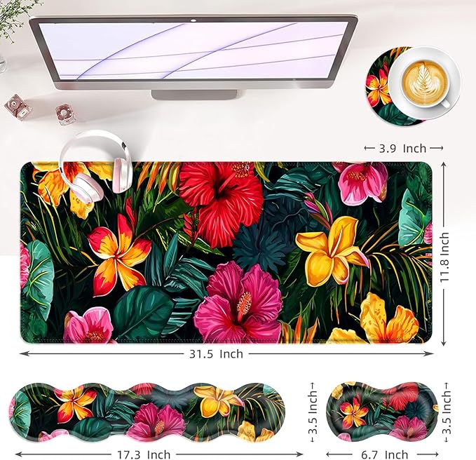 Large Keyboard Mouse Pad Set Extended Mouse Pad+Keyboard Wrist Rest Support Memory Foam Ergonomic Easy Typing 4Pcs (31.5×11.8 in) Desk Pad Set for Office HomeVibrant Tropical Flower