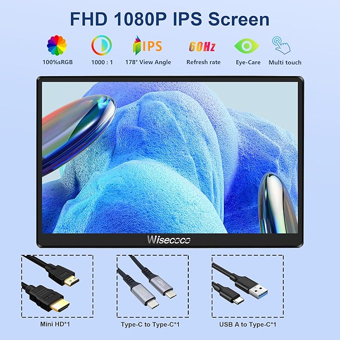 7 inch Portable Monitor Touchscreen IPS 1080P 1920x1080 120Hz Mini LCD Display Second Screen USB C HDMI Ultra Thin for Raspberry Pi 5/4 Switch PS5 Xbox Laptop PC