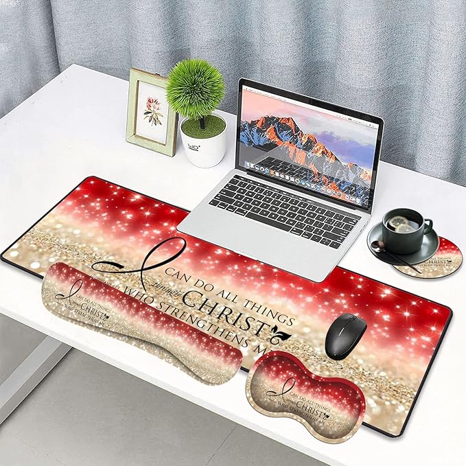 Large Gaming Mouse Pad Keyboard Wrist Rest pad + Mouse Wrist pad + Coaster Set Extended Waterproof Non-Slip Table mat Suitable for Home Office Learning Games - Bible Verse Pink Philippians 4-13