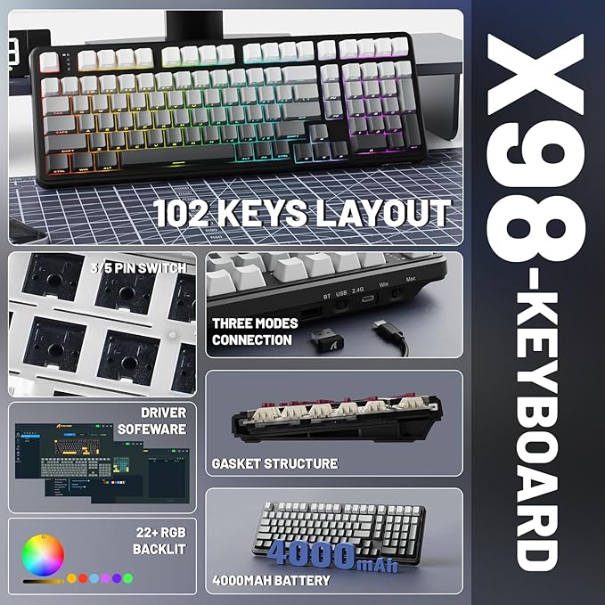 ATTACK SHARK X98 Wireless Mechanical Keyboard with NumpadGasket Mount Hot-Swap Pre-lubed Linear SwitchBT 5.0/2.4G/WiredRGB Backlit Computer Gaming Keyboards for PC/Tablet/PS5/Xbox-Moonlight