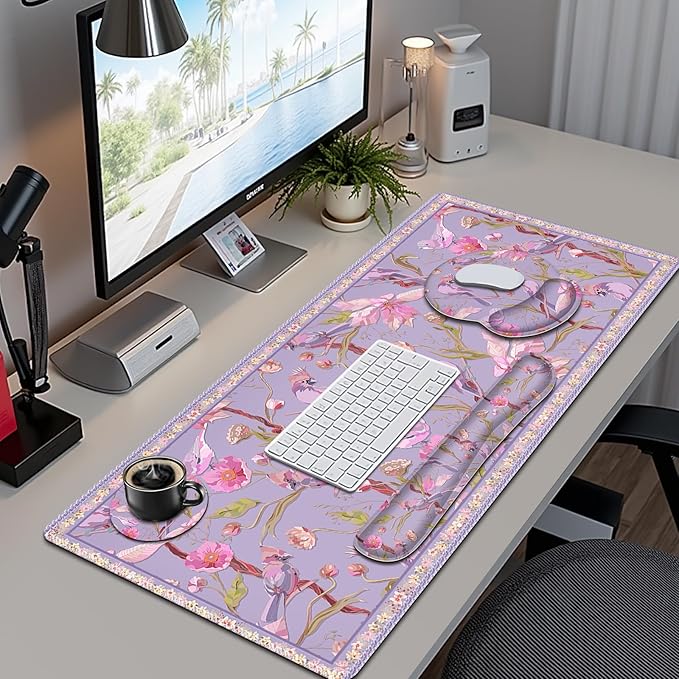Flower Desk Mat 4in1 Large Mouse Pad with Wrist Rest Cute Desk Matt for Desktop Desk Pad Mat Anti-Slip XXL Computer Ergonomic Mousepad with Wrist Support for Keyboard and Mouse I Purple Bird