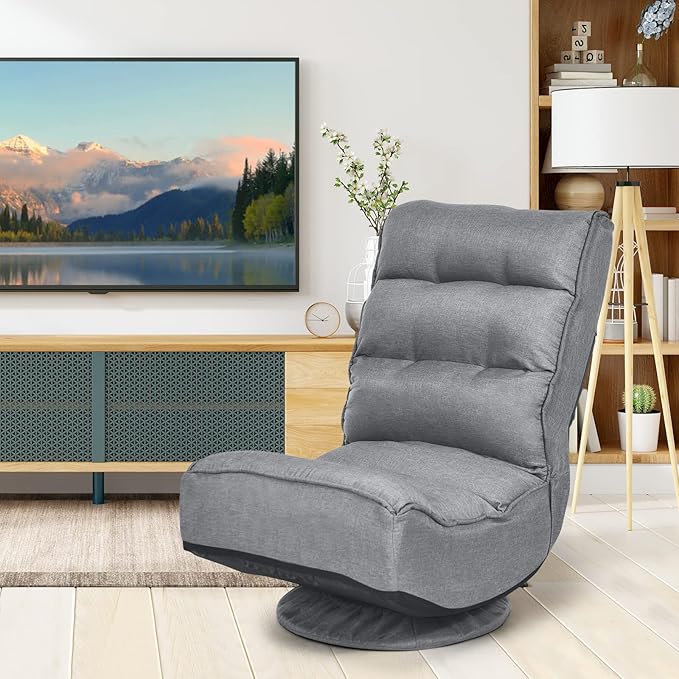 COSTWAY Folding Floor Chair Adjustable 5-Position Video Gaming Chair with 360 Degree Swivel Detachable Cover Padded Backrest Multipurpose Living Room Floor Lounger for TV Reading Playing (Grey)