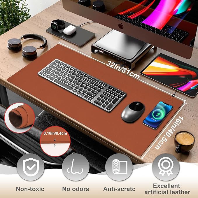 Desk Mat with Wireless Charging Brown Mouse Pad with Wireless Charger Desk Pad Matt for Desktop Mousepad Gaming Large Mouse Pad Leather Compute for Keyboard and Mouse 32 x 16