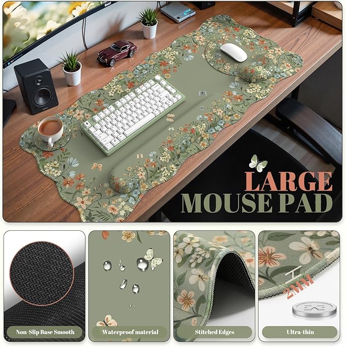 iCasso Desk Mat SetLarge Mouse Pad with Wrist RestErgonomic Keyboard Wrist Support for WomenGirly Floral Computer Mat with Scalloped EdgesNon-Slip Desk Pad Home Office Gaming (Green)