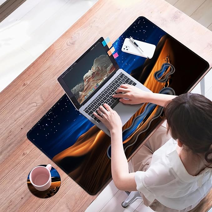 Mouse PadLarge Desk Mat Set 4in1 XL Mousepad + Keyboard Wrist Rest+Mouse Wrist Rest+Coaster with Ergonomic Desk Pad for Home Office Table Computer Cover -Desert Dunes Under Starry Sky