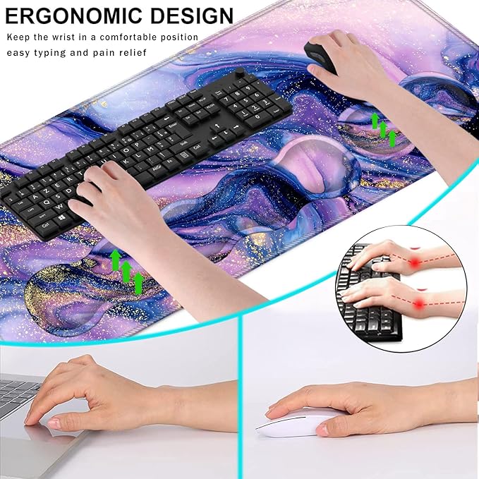 Keyboard Wrist Rest and Mouse Pad with Wrist Support Set Ergonomic CoasterMemory FoamEasy Typing Pain ReliefLarge XL Desk Mat 31.5x 11.8Purple Marble